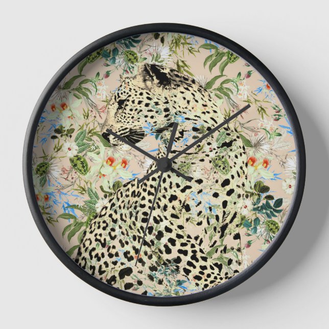 Tropical leopard print floral Hawaiian Clock (Front)