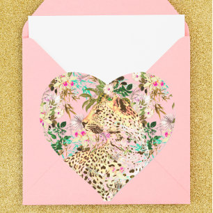 Tropical leopard print floral Hawaiian Heart Sticker