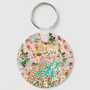 Tropical leopard print floral Hawaiian Key Ring
