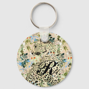 Tropical leopard print floral Hawaiian Key Ring