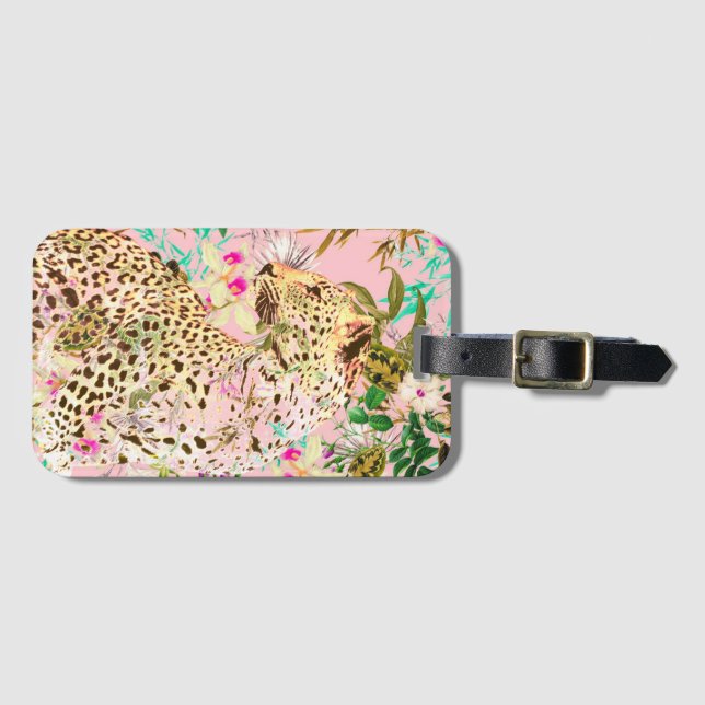 Tropical leopard print floral Hawaiian Luggage Tag (Front Horizontal)