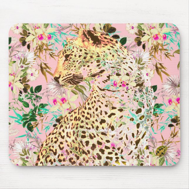 Tropical leopard print floral Hawaiian  Mouse Mat (Front)
