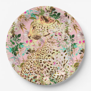 Tropical leopard print floral Hawaiian Paper Plate