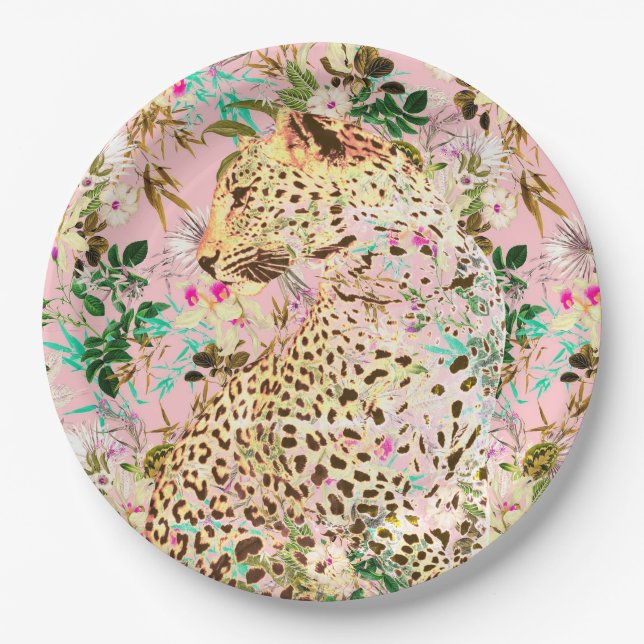 Tropical leopard print floral Hawaiian Paper Plate (Front)
