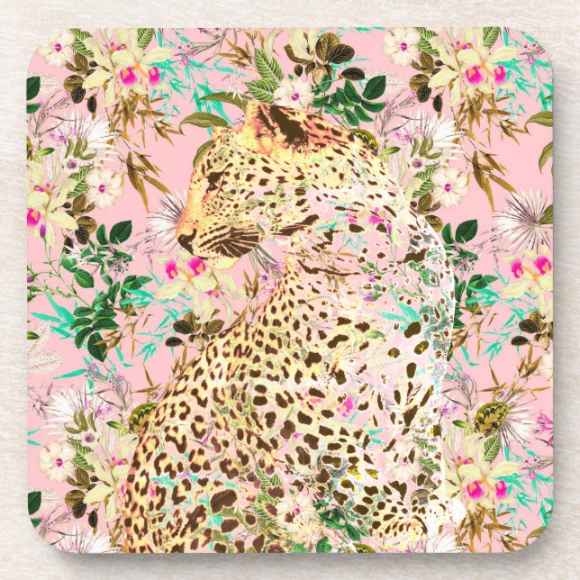 Tropical leopard print floral Hawaiian pattern Coaster (Front)