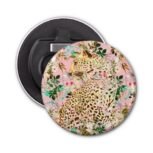 Tropical leopard print floral Hawaiian pink Bottle Opener (Front)
