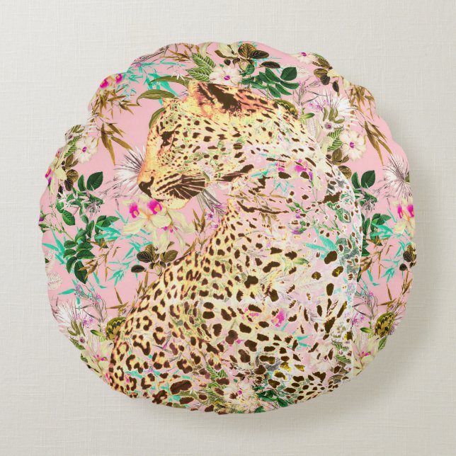 Tropical leopard print floral Hawaiian Round Cushion (Front)