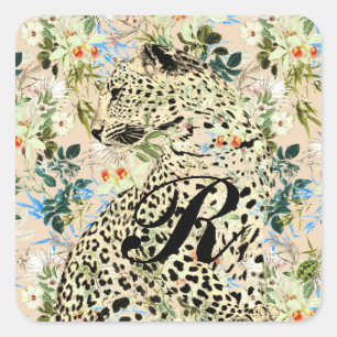 Tropical leopard print floral Hawaiian Square Sticker