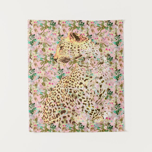 Tropical leopard print floral Hawaiian  Tapestry (Front)