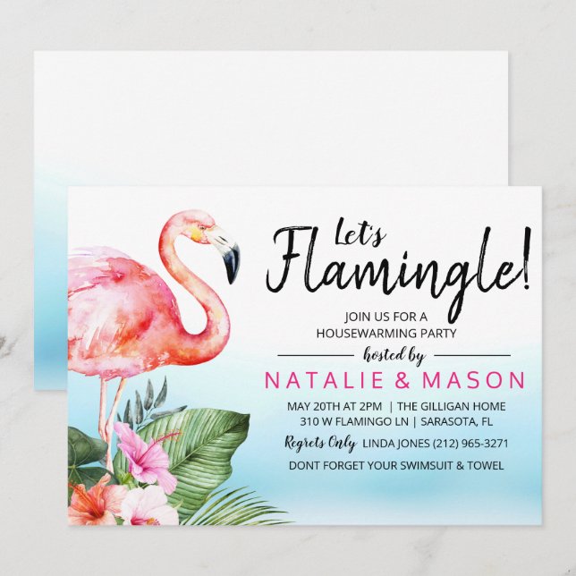 Tropical Let's Flamingle Housewarming Invitation (Front/Back)