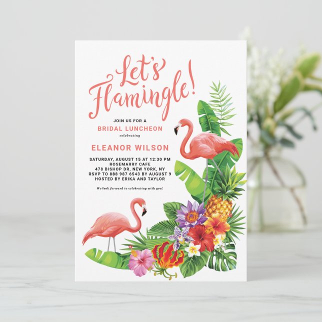 Tropical Let's Flamingle Summer Bridal Luncheon Invitation (Standing Front)