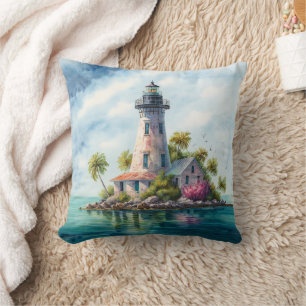 Tropical Lighthouse Beach Palm Trees  Cushion