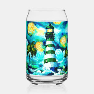 Tropical Lighthouse & Palm Trees Green Blue Teal Can Glass