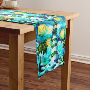 Tropical Lighthouse & Palm Trees Green Blue Teal Medium Table Runner