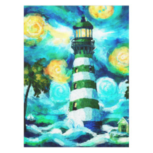 Tropical Lighthouse & Palm Trees Green Blue Teal Tablecloth
