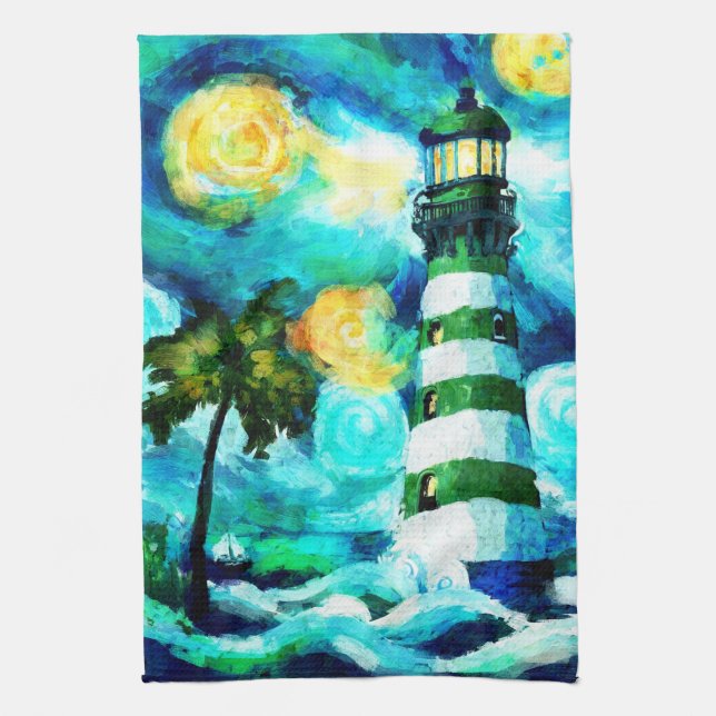 Tropical Lighthouse & Palm Trees Impressionistic Tea Towel (Vertical)