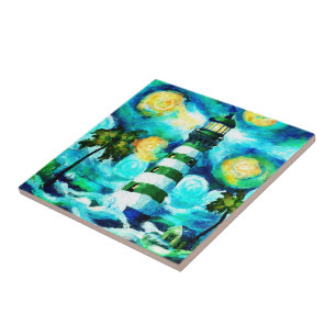 Tropical Lighthouse & Palm Trees Impressionistic Tile