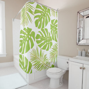 Tropical lime green gold monstera and palm leaves shower curtain
