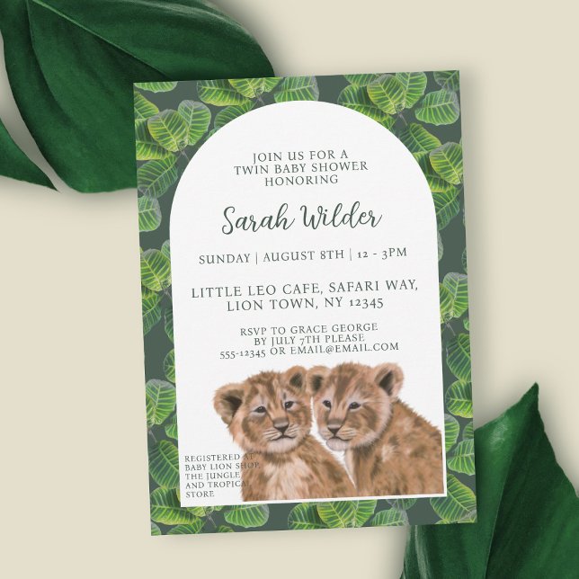 Tropical Lion Cubs Twin Baby Shower Invitation (Just add your baby shower details to this cute lion cub invitation)