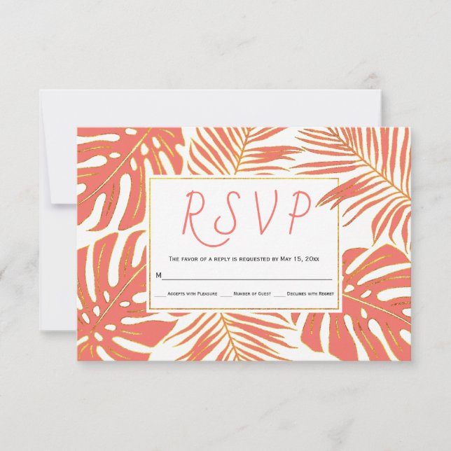 Tropical living coral and gold leaves wedding RSVP (Front)