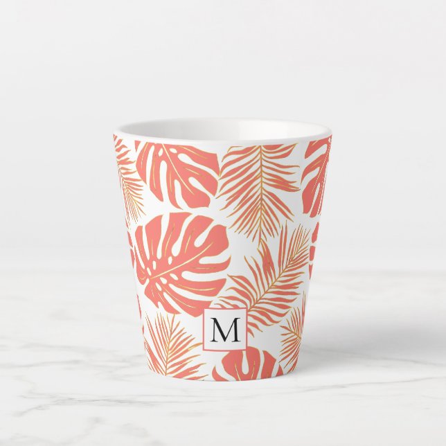 Tropical living coral, gold leaves and monogram latte mug (Front)