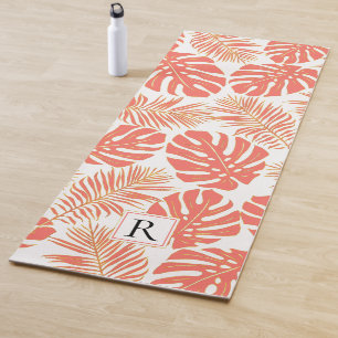 Tropical living coral, gold leaves and monogram yoga mat