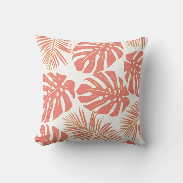 Tropical living coral monstera leaves pattern cushion (Front)