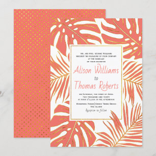 Tropical living coral monstera palm leaves wedding invitation