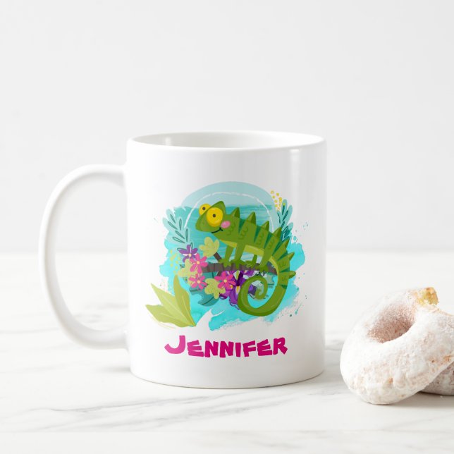 Tropical Lizard with Flowers Personalised Coffee Mug (With Donut)