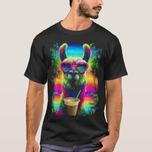 Tropical Llama With Sunglasses And Iced Coffee T-Shirt