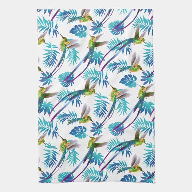 Tropical Long Tail Hummingbirds Tea Towel (Vertical)