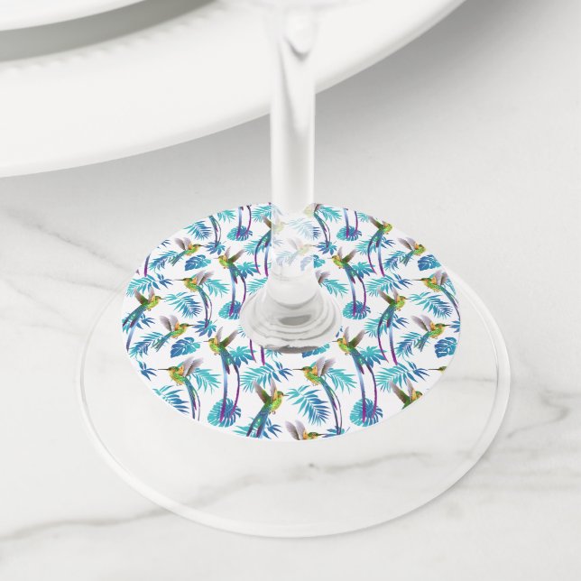 Tropical Long Tail Hummingbirds Wine Glass Tag (Close Up)