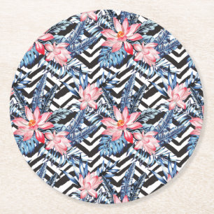 Tropical Lotus Flower Pattern Round Paper Coaster