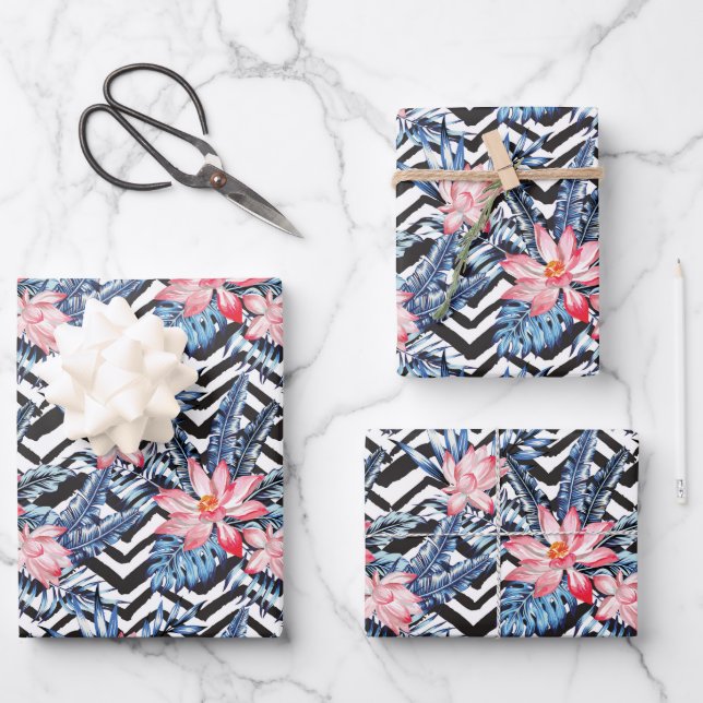 Tropical Lotus Flower Pattern Wrapping Paper Sheet (Front)