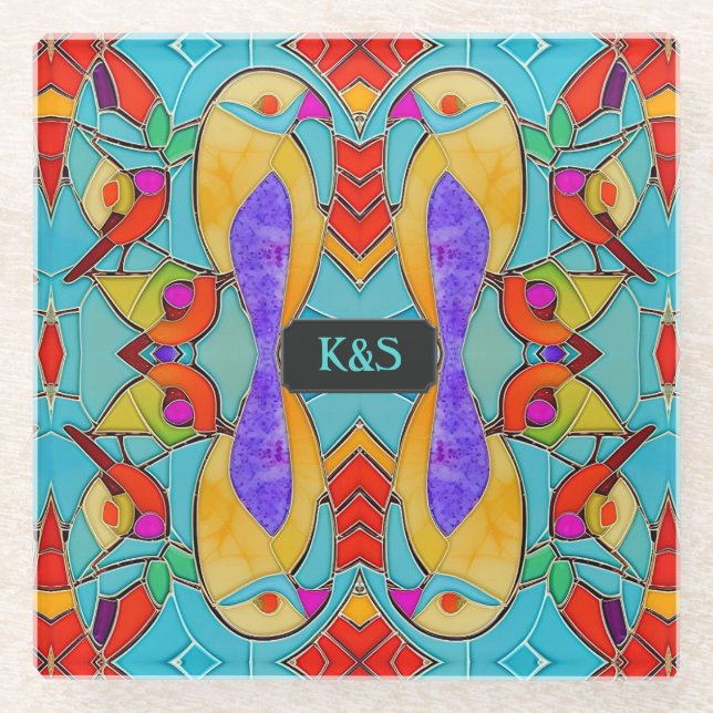 Tropical Lovebird Colourful Glass Tiles custom Glass Coaster (Front)