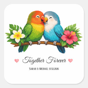 Tropical Lovebirds Wedding Together Forever Square Sticker