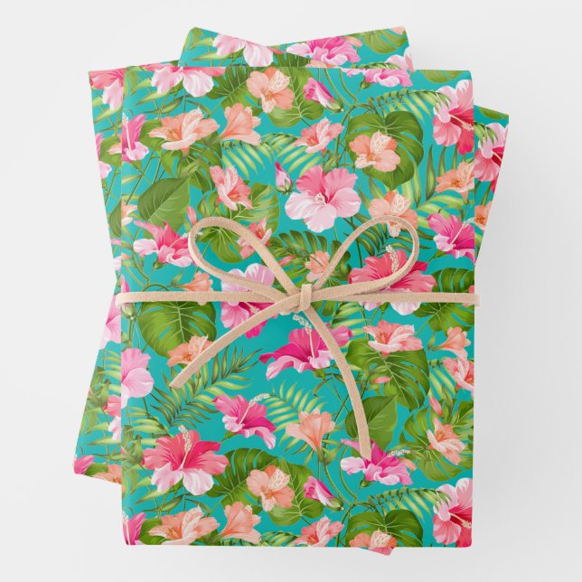 Tropical lowers on Turquoise Wrapping Paper Sheet (In situ)