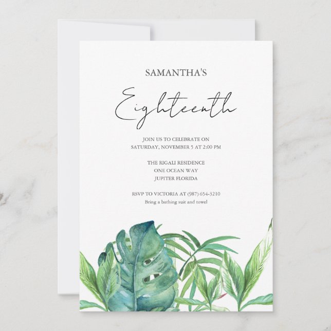 Tropical Luau 18th Birthday Watercolor Invitation (Front)