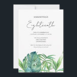 Tropical Luau 18th Birthday Watercolor Invitation<br><div class="desc">Celebrate in style with this elegant 18th birthday invitation, perfect for a modern tropical luau pool party. Featuring the words "Eighteen" in a trendy typography, this design features an island-inspired vibe—ideal for a beach luau tiki party or a classy at-home outdoor celebration. Designed with original watercolor palm tree monstera leaves...</div>