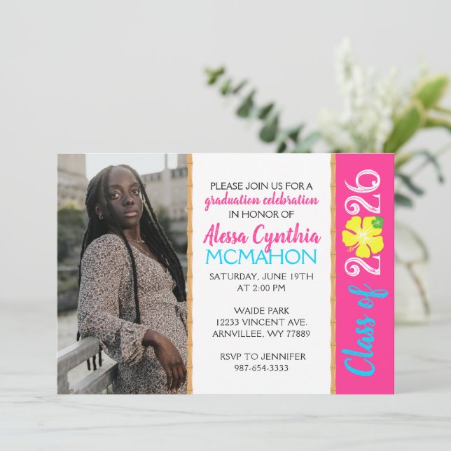 Tropical Luau 3 Photo Graduation Invitation (Standing Front)