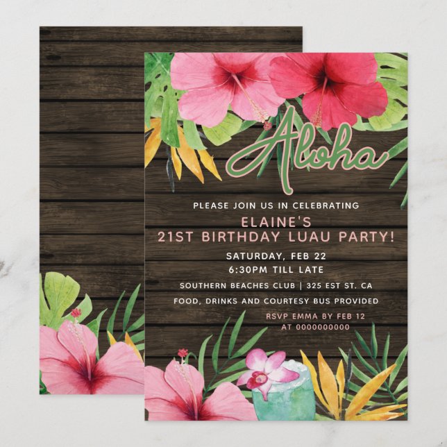 Tropical LUAU Adult Birthday Party  Invitation (Front/Back)