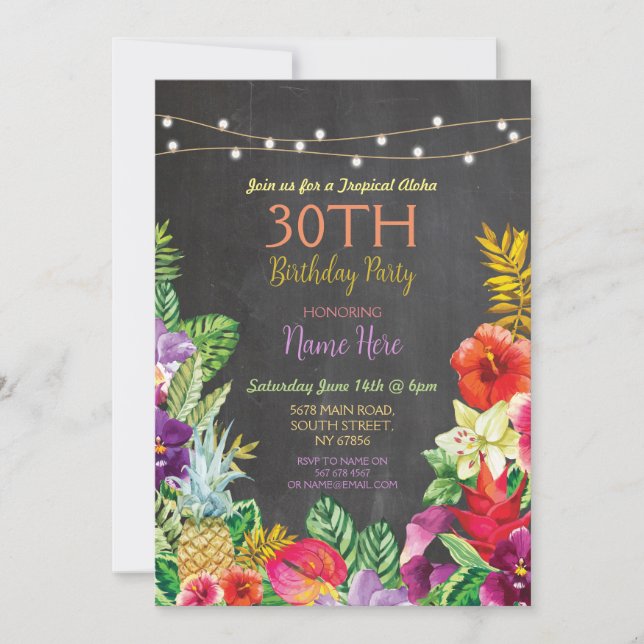 Tropical Luau Aloha Chalk Birthday Party Invite (Front)