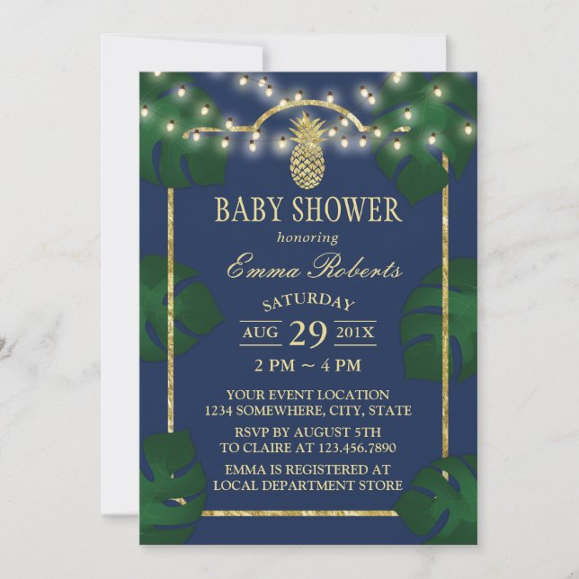 Tropical Luau Baby Shower Pineapple Navy & Gold Invitation (Front)