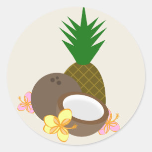 Tropical Luau Coconut Pineapple Hibiscus Classic Round Sticker