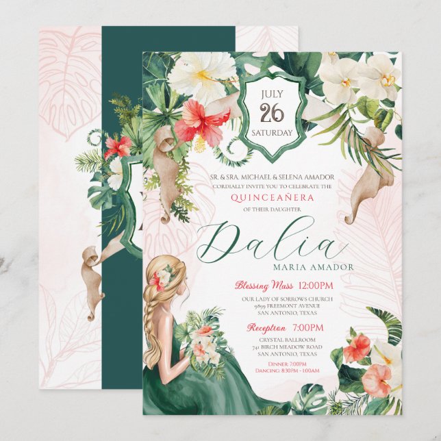 Tropical Luau Emerald Island Floral Quinceanera Invitation (Front/Back)