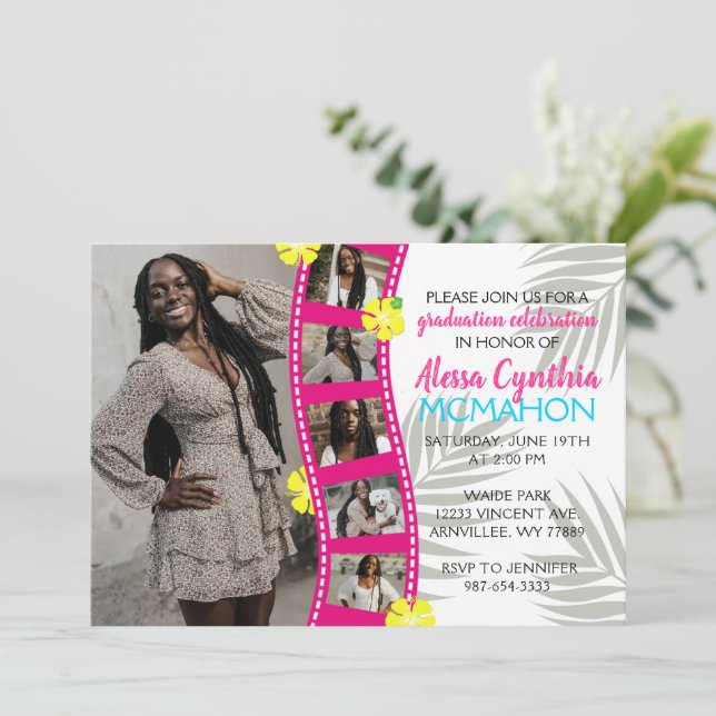Tropical Luau Filmstrip 6 Photo Graduation Invitation (Standing Front)