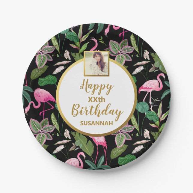 Tropical Luau Flamingo Palm Leaves, Birthday Photo Paper Plate (Front)