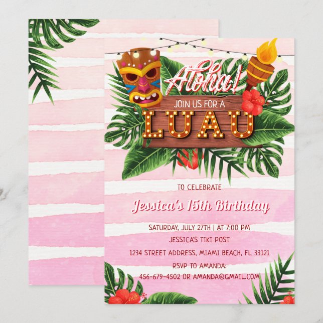 Tropical Luau Girl Birthday Invitation  (Front/Back)