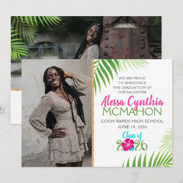 Tropical Luau Graduation 2 Photo Announcement (Front/Back)