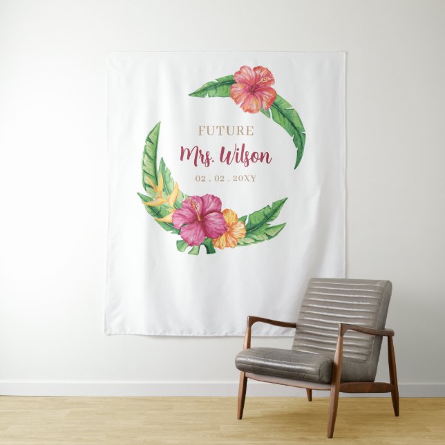 Tropical Luau Hibiscus Bridal Shower Backdrop Tapestry (In Situ)